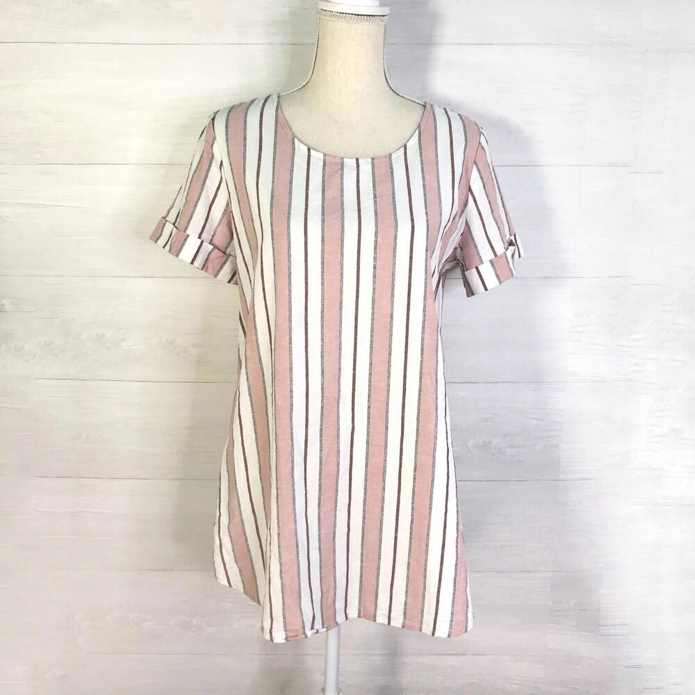 NWT Yellow Chair - Pink striped cuffed short sleeve tunic top, L